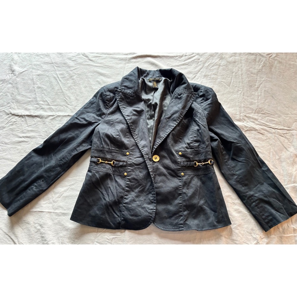 Seductions Womens Black Horsebit Accent Blazer Jacket Gold Hardware Size Large